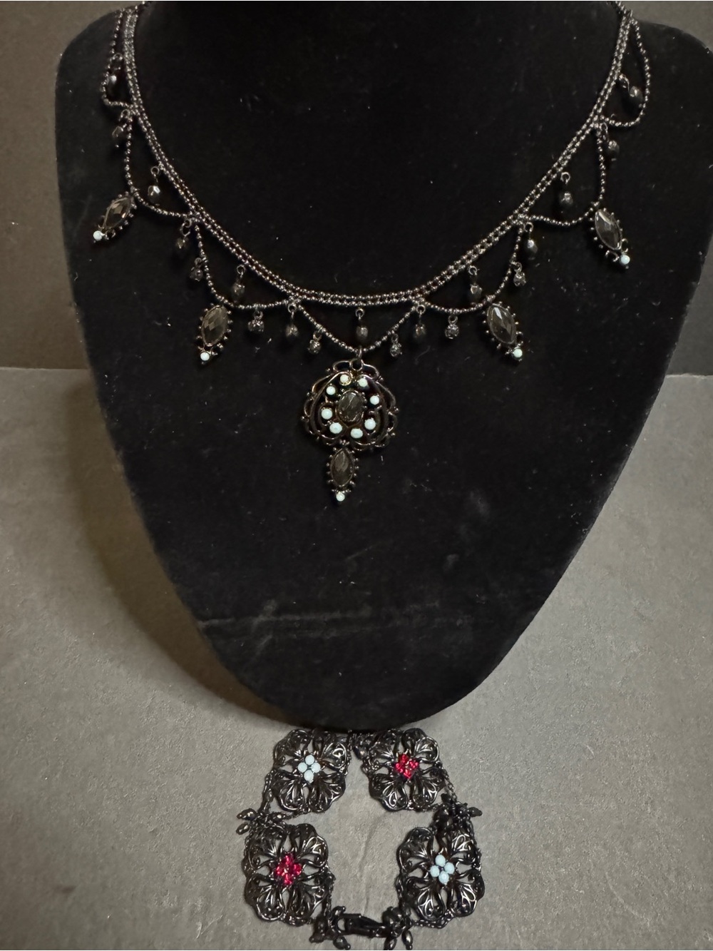 Black Filigree Statement Necklace and Bracelet with Accent Stones